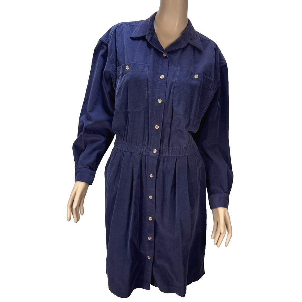 Eddie Bauer Womens Vintage Corduroy Long Sleeve Shirt‎ Dress Size L Blue Cotton